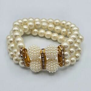 White Bead Pearl Gold Stretch Boho Costume Elastic Bracelet Fashion Jewelry